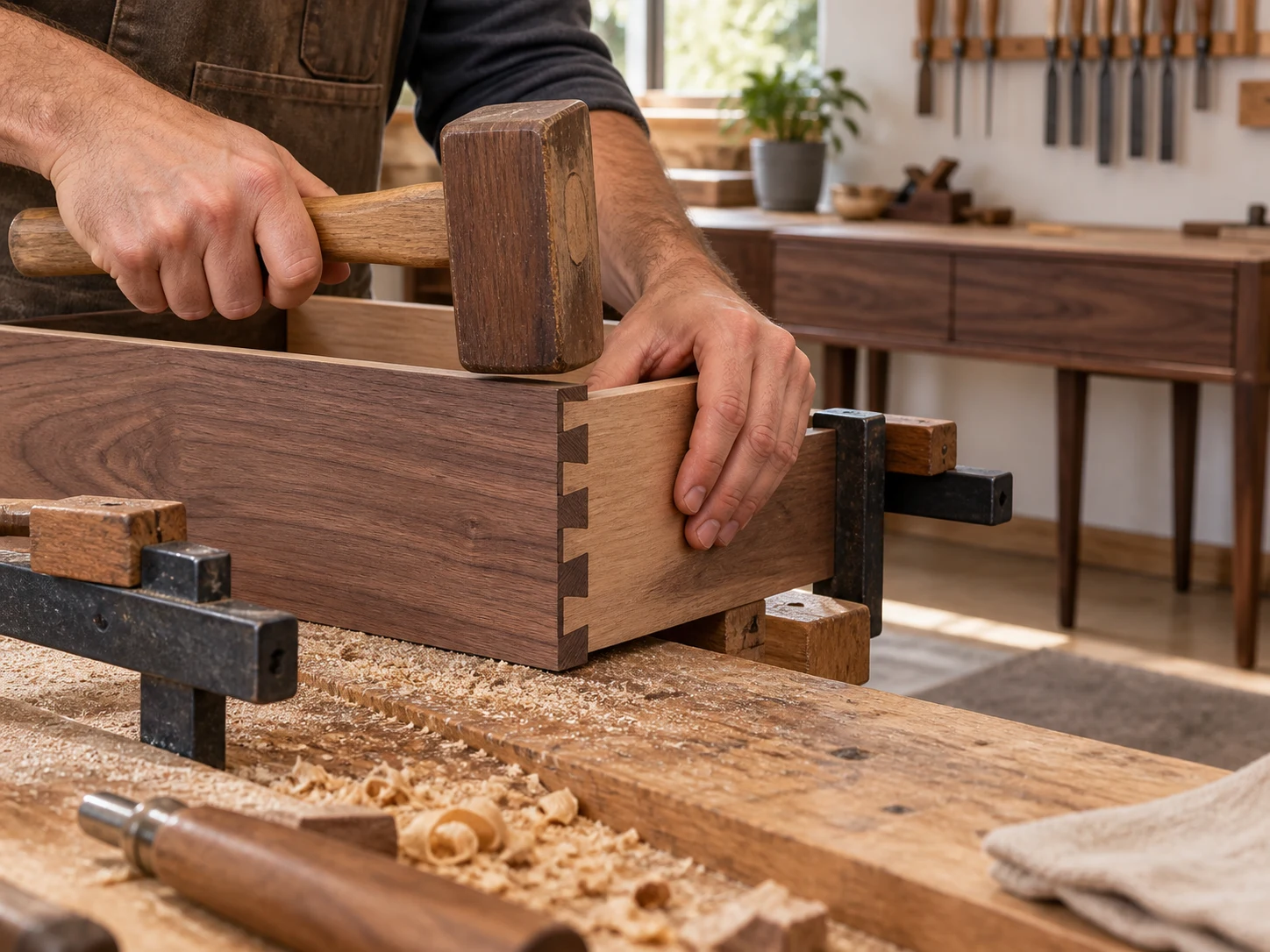 Ilustración del ensamblaje artesanal de un cajón de madera